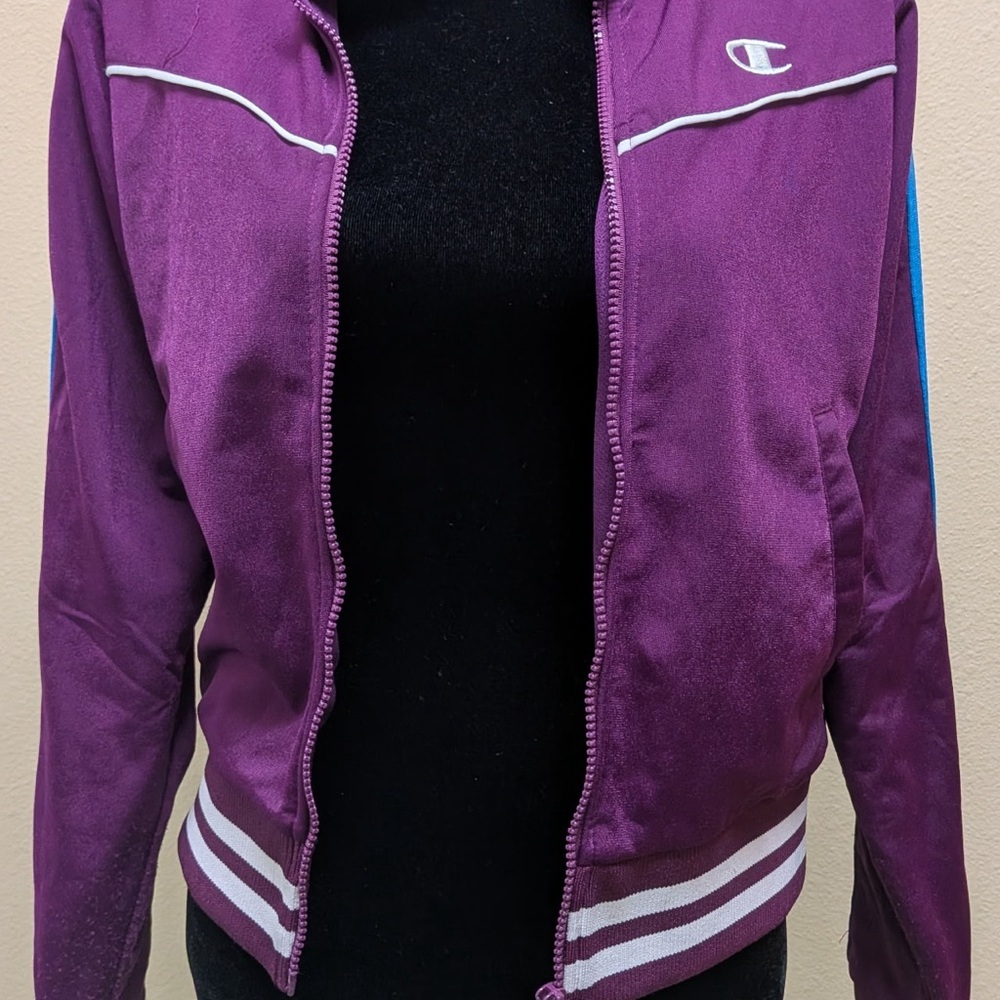 Champion Purple Varsity-Style Track Jacket with Blue Stripe